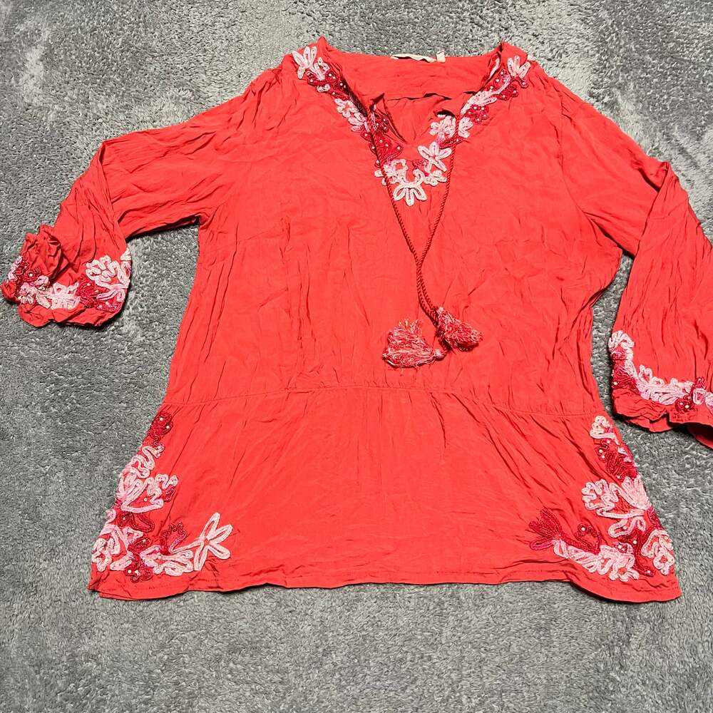 Soft Surroundings Shirt Womens 1X Plus Beaded Sequin Tunic Coral Embroidered